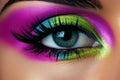 Close-up shot of beautiful woman\'s eye with colorful make-up.Generative AI Royalty Free Stock Photo