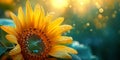 Close-up shot of beautiful yellow sunflower blossoming in a garden on sunny day. Helianthus annuus blooming in nature, vivid