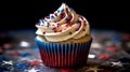 A close-up shot of a beautifully decorated red, white, and blue cupcake, AI-Generated