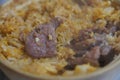 Close up shot of beef with egg Clay Pot Rice Royalty Free Stock Photo