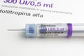 Close-up shot of a Bemfola syringe a biosimilar medicine used to stimulate ovarian production and for follicular stimulation