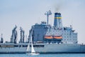 Close up shot of a big cargo ship