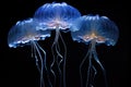 close-up shot of a bioluminescent jellyfish against a black background