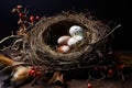 close-up shot of a birds nest, twigs and feathers Royalty Free Stock Photo