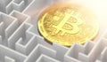 Close up shot on Bitcoin laying down somewhere in the labyrinth. What would be future of cryptocurrencies concept. 3D rendering