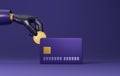 Close-up shot black gloved hand of a thief stealing coins via credit card on purple background