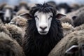 close-up shot of a black sheeps face in a crowd of white sheep Royalty Free Stock Photo