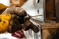 Metalworker drills starter hole in steel