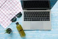 Close up shot of blank black screen monitor laptop computer for commercial advertisement glass bowl with cold drink juice bottle Royalty Free Stock Photo