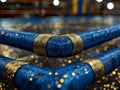 A close-up shot of a blue trampoline covered in shimmering gold sprinkles, creating a magical and dreamy atmosphere