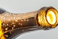 A close-up shot of a bottle of champagne with a cork and label visible Royalty Free Stock Photo