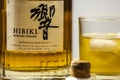 Close up shot of a bottle of expensive Japanese Hibiki whiskey