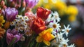 A close-up shot of a bouquet of fresh spring flowers including tulip Royalty Free Stock Photo