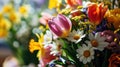 A close-up shot of a bouquet of fresh spring flowers including tulip Royalty Free Stock Photo