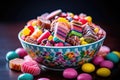 close-up shot of a bowl of colorful christmas candies