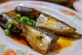 Close up shot of braised Pacific saury Royalty Free Stock Photo