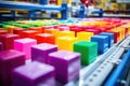 close-up shot of brightly colored building blocks on production line