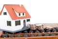 Close-up shot of broccoli on the abacus and small house model in the background Royalty Free Stock Photo