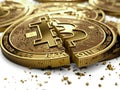 Close-up shot on broken or cracked Bitcoin coins laying on white background. Bitcoin crash concept. 3D rendering Royalty Free Stock Photo