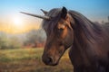 Close up shot of a brown unicorn in a field.