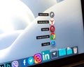 Close up shot of browsers icons: Safari, Google Chrome, Opera and Yandex browser applications in dock of macbook, white snow