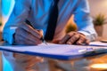 Close up shot of a businessman signing a business contract. Businessman writing on a paper document Royalty Free Stock Photo