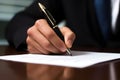 A close - up shot of a businessman signing a business contract. Generative AI Royalty Free Stock Photo