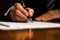 A close - up shot of a businessman signing a business contract. Generative AI Royalty Free Stock Photo