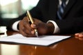 A close - up shot of a businessman signing a business contract. Generative AI Royalty Free Stock Photo