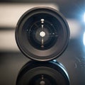 Close up shot of a camera lens with visible aperture blades and a reflective surface below it Royalty Free Stock Photo