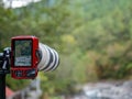 Close up shot of a Canon camera with a telephoto lens