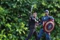 Close up shot of Captain America Civil War and Hawkeye superheros figure