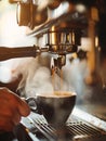 The close-up shot captures the espresso machine in action, as it meticulously pours out the perfect shot of espresso