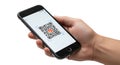 Hand holds smartphone displaying QR code for payment Royalty Free Stock Photo