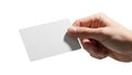 Hand holding a blank white rectangular card against an isolated white background for mockup isolated on white background Royalty Free Stock Photo