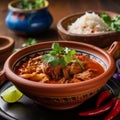 Close-Up Shot of Guatemalan Pepian with Rice and Salad