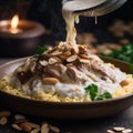 Close-Up Shot of Jordanian Mansaf with Rice and Garnish