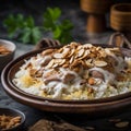 Close-Up Shot of Jordanian Mansaf with Rice and Garnish