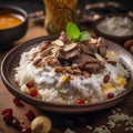 Close-Up Shot of Jordanian Mansaf with Rice and Garnish