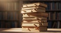 Cozy library reading stack illuminated by warm light Royalty Free Stock Photo