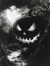 A close-up shot of a carved jack o' lantern in black and white Royalty Free Stock Photo