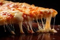 Close-up shot of a cheese pizza slice, emphasizing the cheese\'s delightful stretch. Generative AI Royalty Free Stock Photo