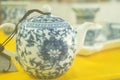 Close-up shot of Chinese traditional colorful ceramic tea set Royalty Free Stock Photo