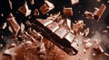 A close-up shot of a chocolate bar breaking into pieces, with shards of chocolate flying in the air, creating a dramatic and Royalty Free Stock Photo