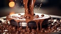 A close-up shot of a chocolate fountain pouring rich milk chocolate into a pool of sweetness
