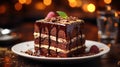 Close up shot of a chocolate lawa cake on fancy table Royalty Free Stock Photo