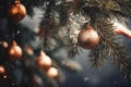 a close-up shot of christmas tree branches with glittering ornaments