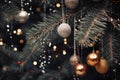 a close-up shot of christmas tree branches with glittering ornaments