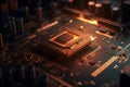 Close Up shot of circuit cyberspace board with computer motherboard component microchip with chip structure - Generative AI