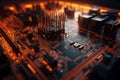 Close Up shot of circuit cyberspace board with computer motherboard component microchip with chip structure - Generative AI